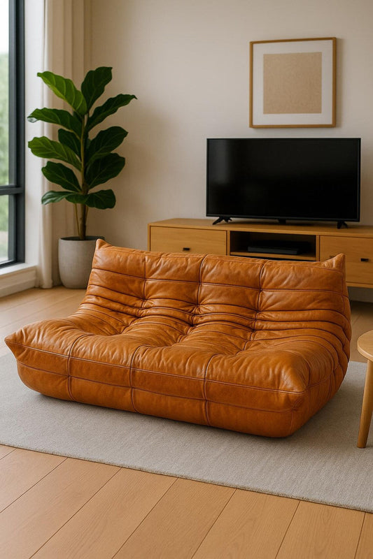 Vintage Style Leather Sofa – 2 Seater Cognac Brown – Mid Century Modern Lounge Couch – French Design Inspired Seating – Living Decor